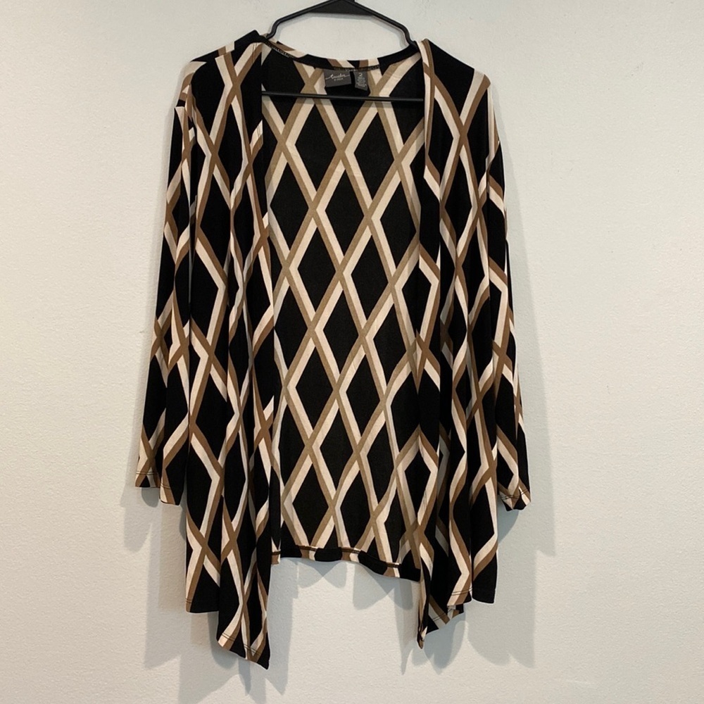 Travelers by Chicos Black and Brown Diamond Geometric Patterned Cardigan Size 2